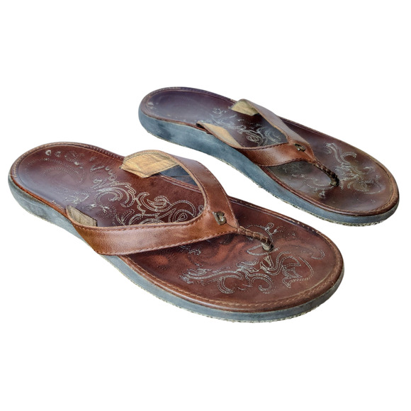 OluKai Paniolio Hawaiian Brown Leather Embroidered Flip Flop Sandals Size W 9 - Picture 1 of 6